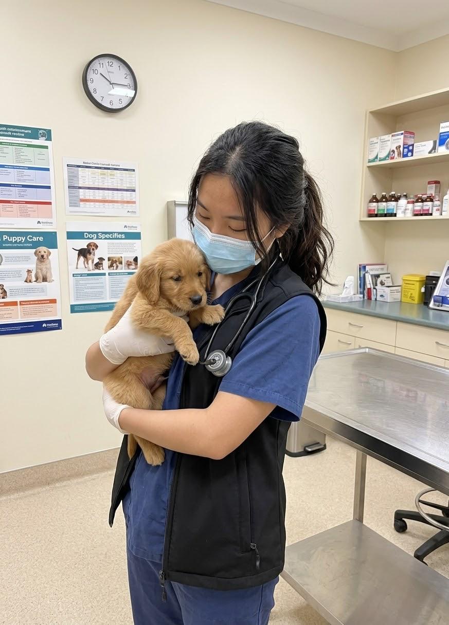 Veterinary surgeon in scrubs holding a golden retriever puppy in a clinic