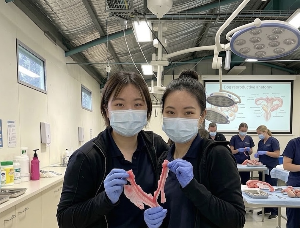 Students in a veterinary anatomy practical class examining specimens