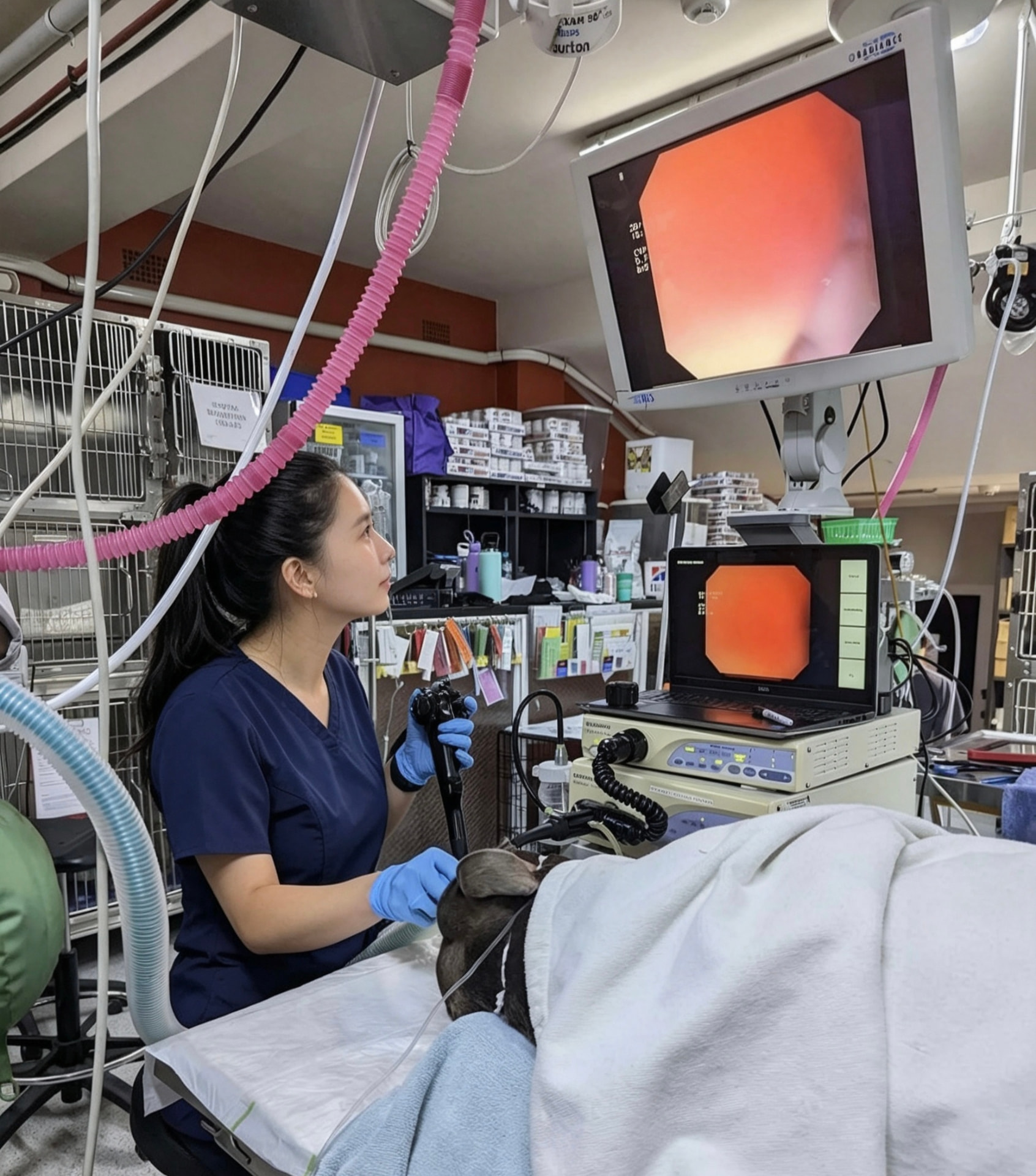 Veterinary surgeon monitoring an endoscopy procedure on-screen in a clinic